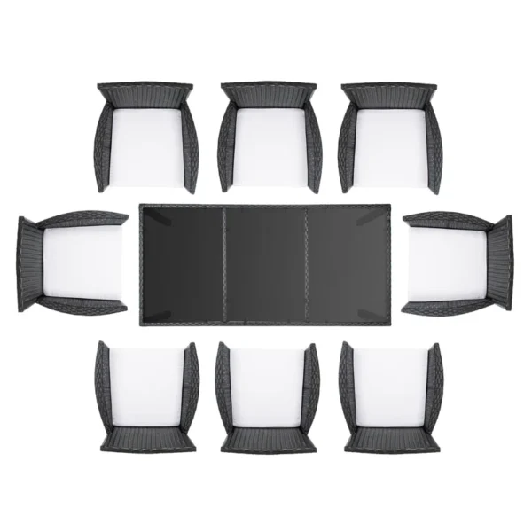 8-person rectangular outdoor dining set with black frame and off-white cushions