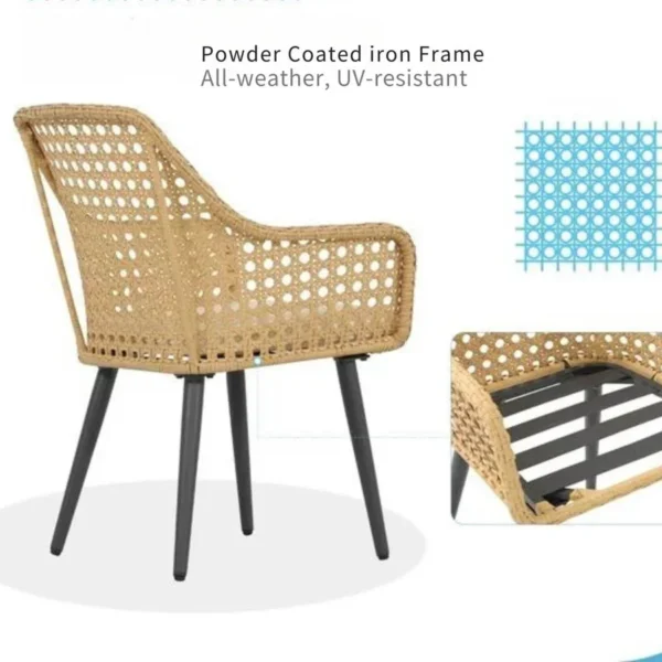 5-piece beige and cream wicker dining set with chairs and table, ideal for indoor and outdoor use, space-saving design, table without glass top