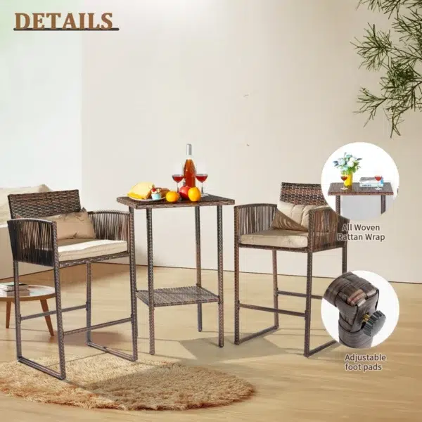 Patio 3-piece bar set with dark brown frame and cream cushions, including a high table and two tall stools, suitable for outdoor and indoor use.