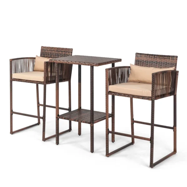 Patio 3-piece bar set with dark brown frame and cream cushions, including a high table and two tall stools, suitable for outdoor and indoor use.