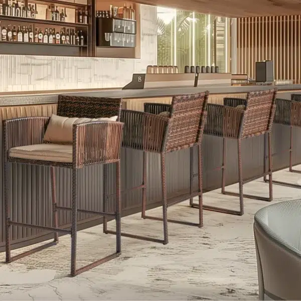 Patio 3-piece bar set with dark brown frame and cream cushions, including a high table and two tall stools, suitable for outdoor and indoor use.