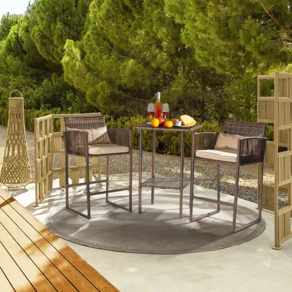 Patio 3-piece bar set with dark brown frame and cream cushions, including a high table and two tall stools, suitable for outdoor and indoor use.