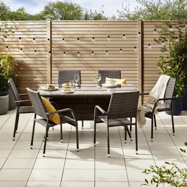 6-person dark brown PE rattan outdoor dining set with glass tabletop for garden or patio
