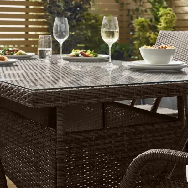 6-person dark brown PE rattan outdoor dining set with glass tabletop for garden or patio
