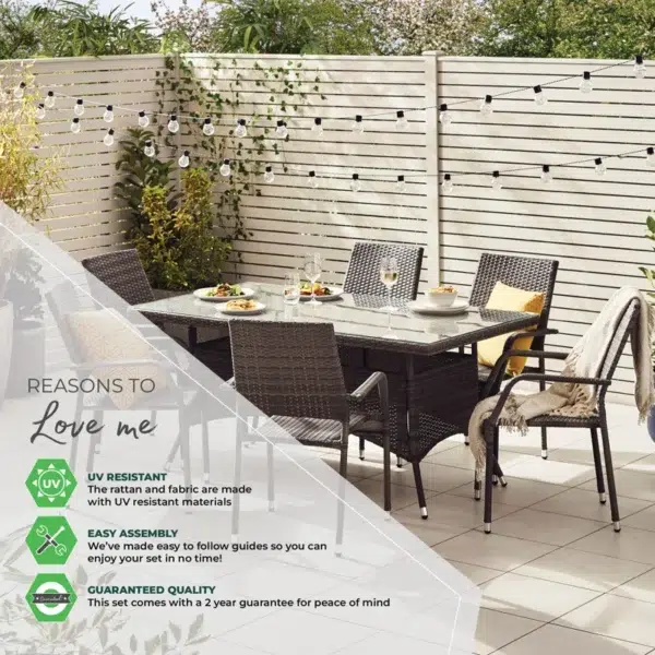 6-person dark brown PE rattan outdoor dining set with glass tabletop for garden or patio