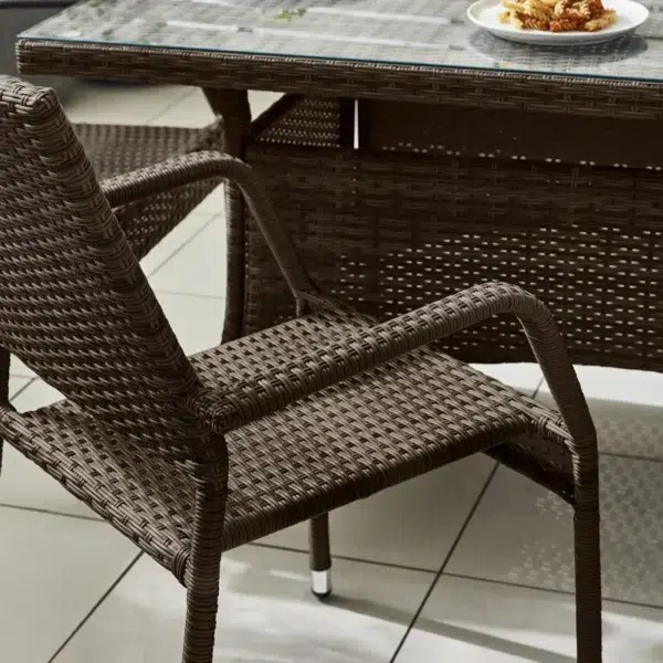6-person dark brown PE rattan outdoor dining set with glass tabletop for garden or patio