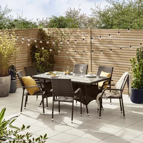 6-person dark brown PE rattan outdoor dining set with glass tabletop for garden or patio