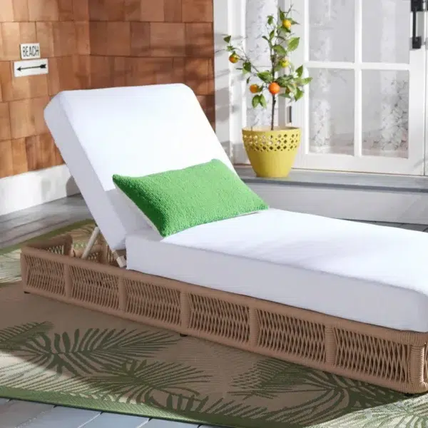 beige rope sun loungers with plush white cushions, perfect for outdoor relaxation.