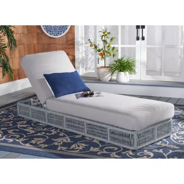 Grey rope sun lounger with soft grey cushion for outdoor use.