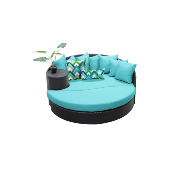HDPE wicker outdoor patio daybed in dark brown frame with sky blue cushions, perfect for garden or balcony relaxation.