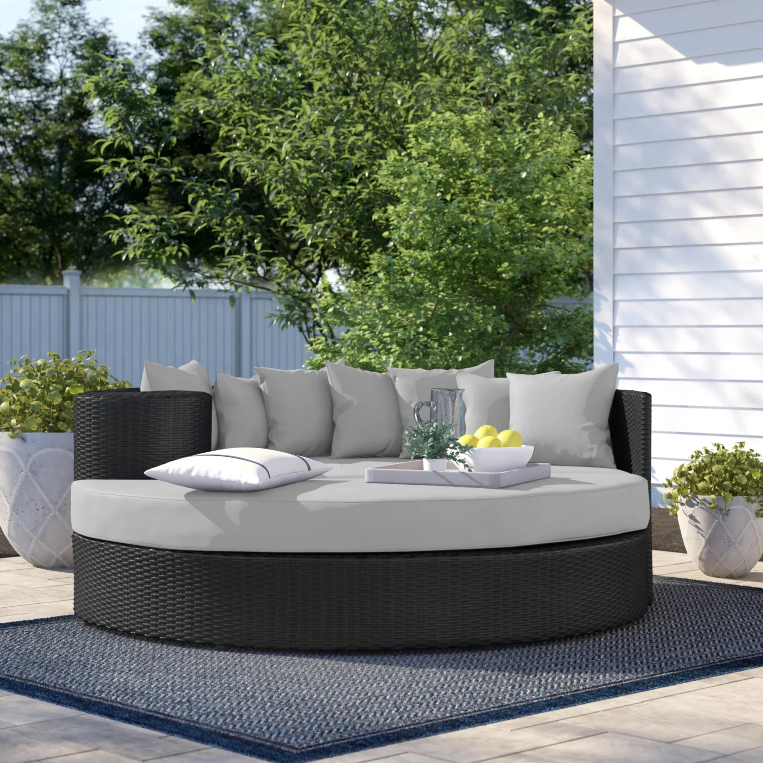Black and light grey HDPE wicker outdoor patio daybed with cushions