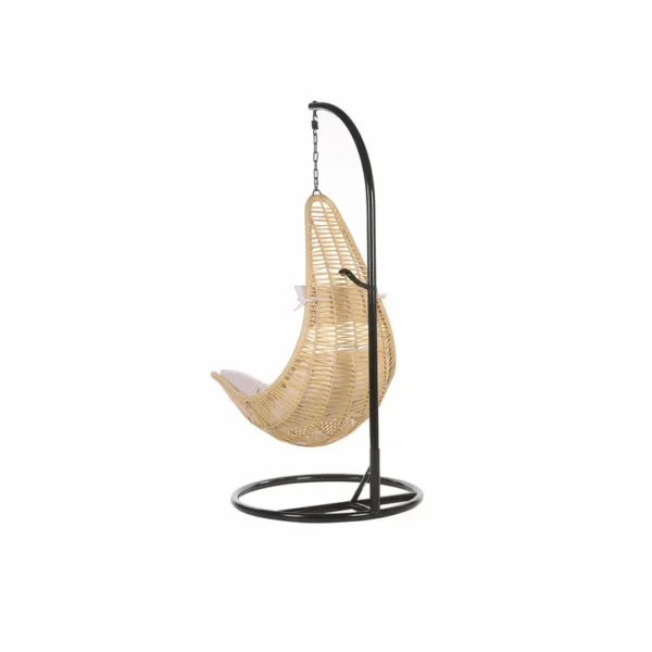 Beige single-seater hanging swing with metal stand, perfect for balconies and gardens