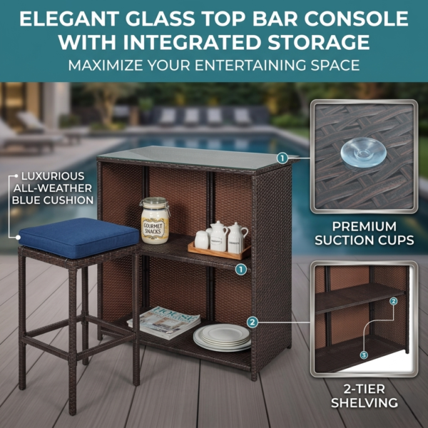 LOCCUS Outdoor Patio Bar Sets 2 Stools and 1 Table - Dark Brown - Image 4