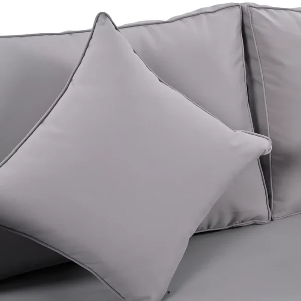 Outdoor patio daybed with black woven nylon rope backrest and light grey washable cushion