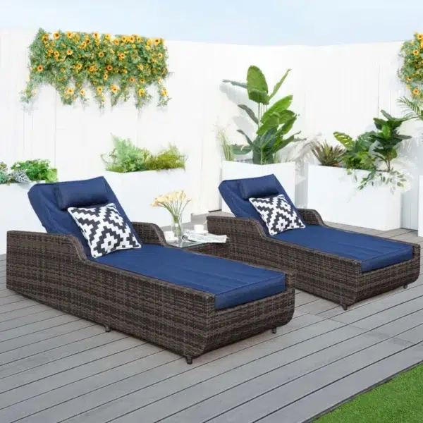 Enhance your outdoor living space with this elegant Rattan/Wicker Long Reclining Outdoor Chaise Lounge. Crafted from durable dark brown rattan and paired with plush sky blue cushions, it offers the perfect blend of comfort and style. The adjustable reclining feature allows you to find the ideal position for relaxing, reading, or soaking up the sun. Designed to withstand outdoor conditions, this lounge chair is both lightweight and sturdy, making it a practical yet luxurious addition to your patio, garden, or poolside area. Add a pop of color and unmatched relaxation with this chic and functional chaise lounge.