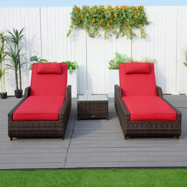 Dark brown rattan outdoor reclining chaise lounge with sky blue cushions.