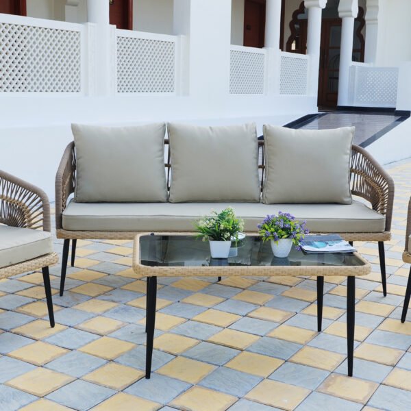 5-Piece Outdoor Rope Sofa Set in Beige with Cushions and Coffee Table for Patio and Garden