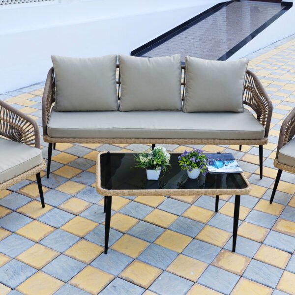 5-Piece Outdoor Rope Sofa Set in Beige with Cushions and Coffee Table for Patio and Garden