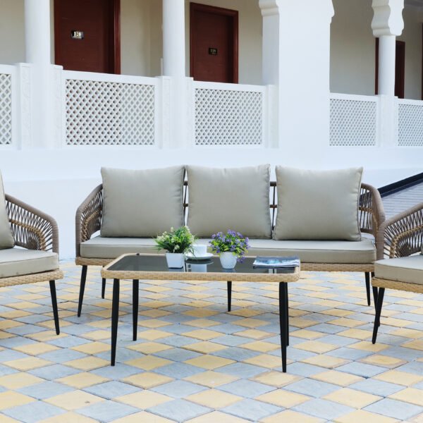 5-Piece Outdoor Rope Sofa Set in Beige with Cushions and Coffee Table for Patio and Garden