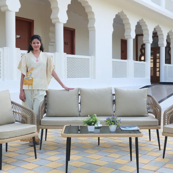 5-Piece Outdoor Rope Sofa Set in Beige with Cushions and Coffee Table for Patio and Garden