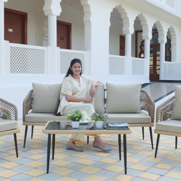 5-Piece Outdoor Rope Sofa Set in Beige with Cushions and Coffee Table for Patio and Garden