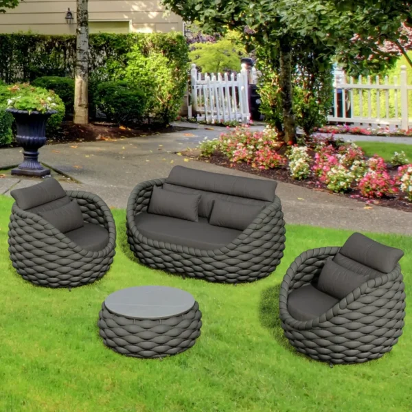 Rope 4-piece patio conversation sofa set with cushions, perfect for outdoor relaxation.