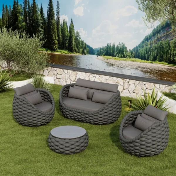 Rope 4-piece patio conversation sofa set with cushions, perfect for outdoor relaxation.