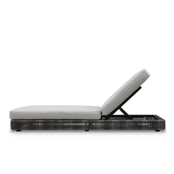 Outdoor rattan wicker chaise lounge chair in black and grey with adjustable reclining design.
