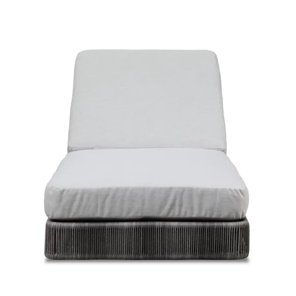 Outdoor rattan wicker chaise lounge chair in black and grey with adjustable reclining design.