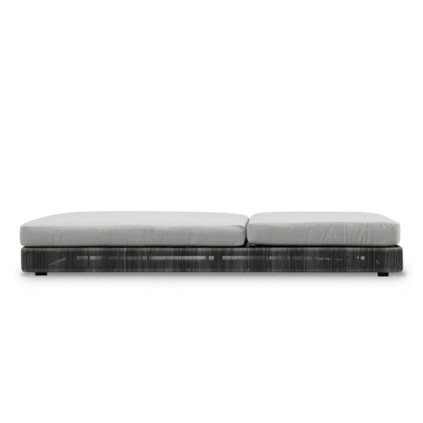 Outdoor rattan wicker chaise lounge chair in black and grey with adjustable reclining design.