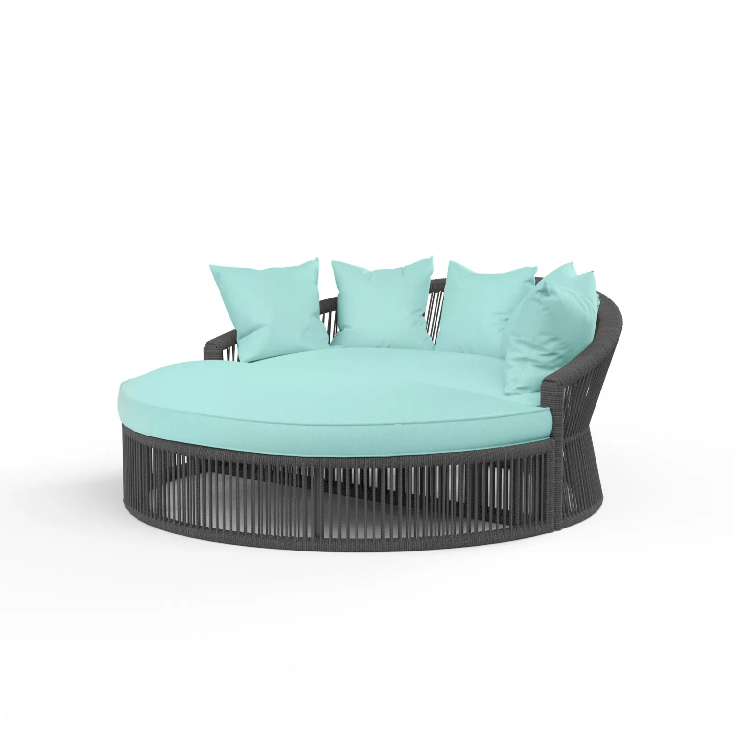 “Round black daybed furniture set with cushions and throw pillows, ideal for outdoor or indoor lounging.”