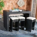 7 piece black and white wicker bar set with stools and table for outdoor or indoor use