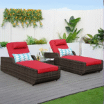 Rattan wicker reclining outdoor chaise lounge with red cushions in dark brown frame.