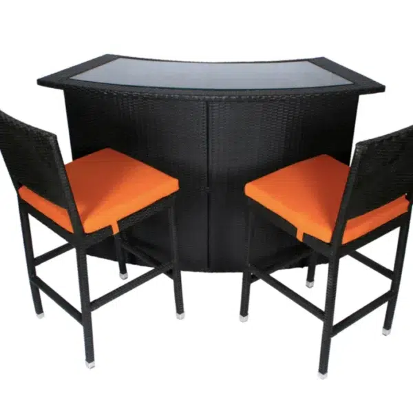 Outdoor patio bar set with 2 black chairs and 1 matching black table.