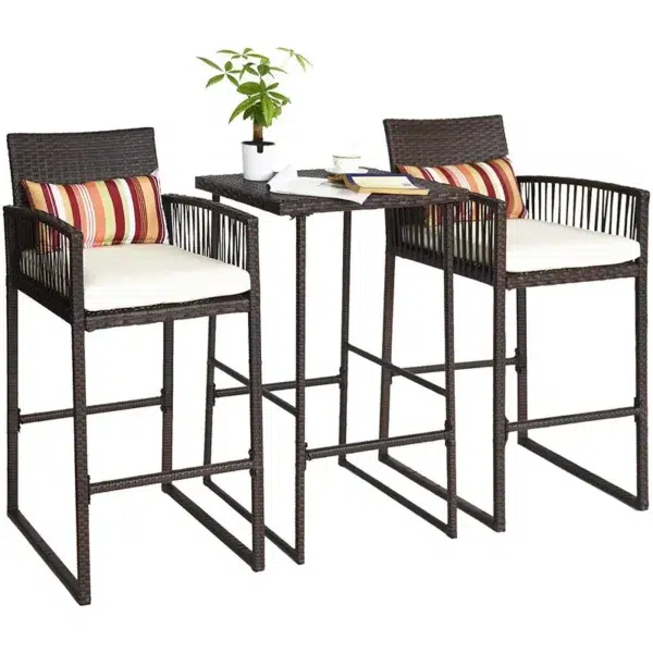 Outdoor patio bar set with two brown chairs and matching table, ideal for garden or terrace.
