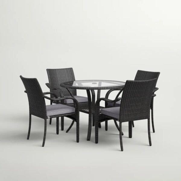 4-person round outdoor dining set with dark brown frame, grey cushioned seats, perfect for garden or patio.