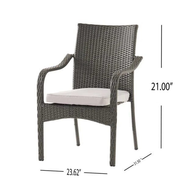 4-person round outdoor dining set with dark brown frame, grey cushioned seats, perfect for garden or patio.