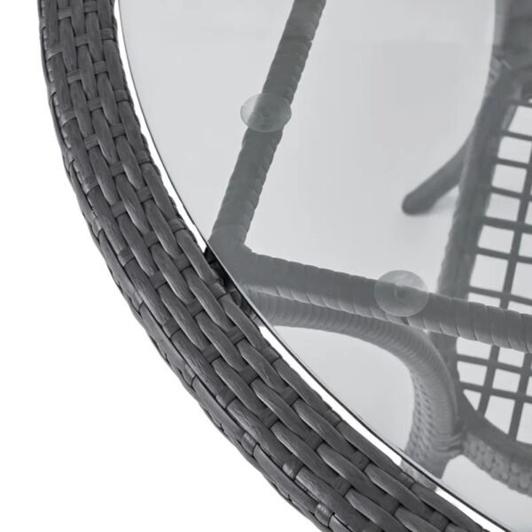 4-person round outdoor dining set with dark brown frame, grey cushioned seats, perfect for garden or patio.