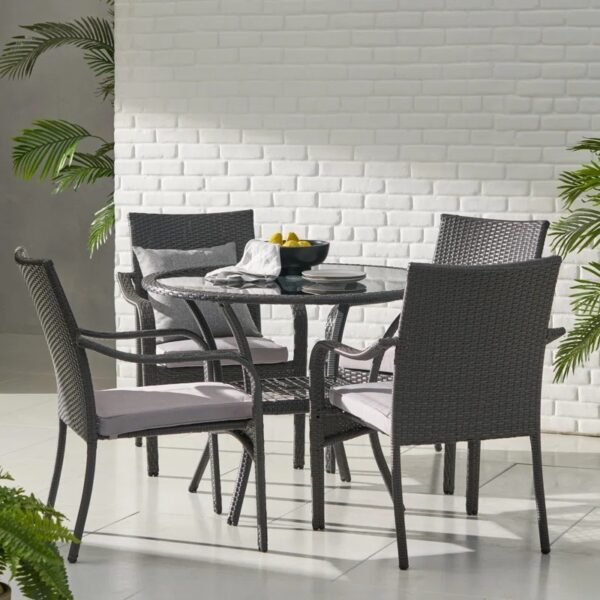 4-person round outdoor dining set with dark brown frame, grey cushioned seats, perfect for garden or patio.