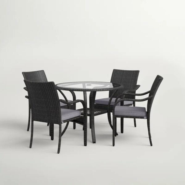 4-person round outdoor dining set with dark brown frame, grey cushioned seats, perfect for garden or patio.