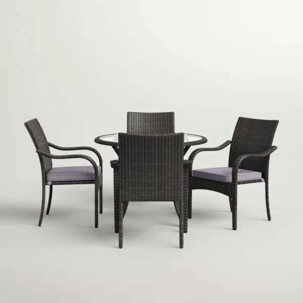 4-person round outdoor dining set with dark brown frame, grey cushioned seats, perfect for garden or patio.