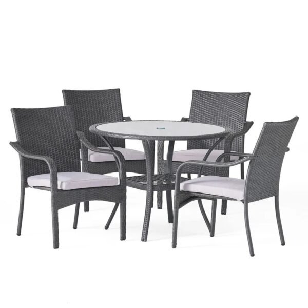 4-person round outdoor dining set with dark brown frame, grey cushioned seats, perfect for garden or patio.