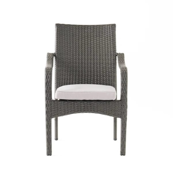 4-person round outdoor dining set with dark brown frame, grey cushioned seats, perfect for garden or patio.