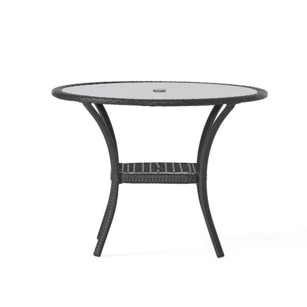 4-person round outdoor dining set with dark brown frame, grey cushioned seats, perfect for garden or patio.