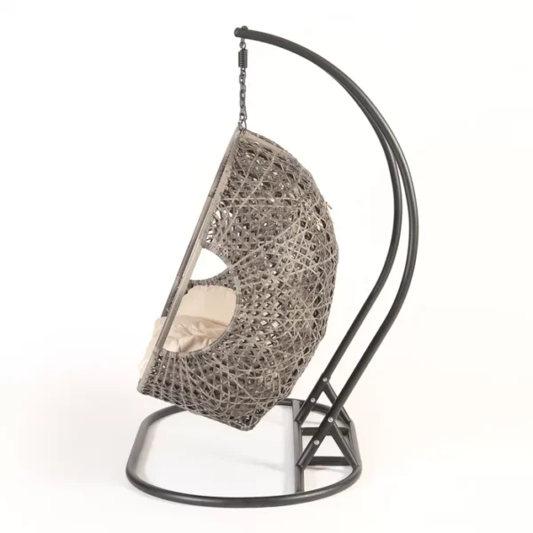Three-seater hanging swing with sturdy stand in dark brown frame and cream cushions, perfect for balcony or garden relaxation.