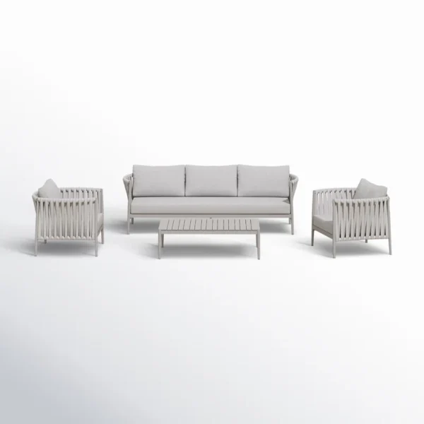 Outdoor 4-piece grey rope sofa set with cushions, perfect for patios and gardens