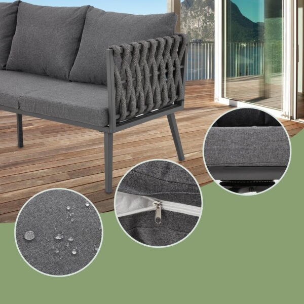 Grey 3-piece outdoor woven rope bistro set with table and chairs on patio