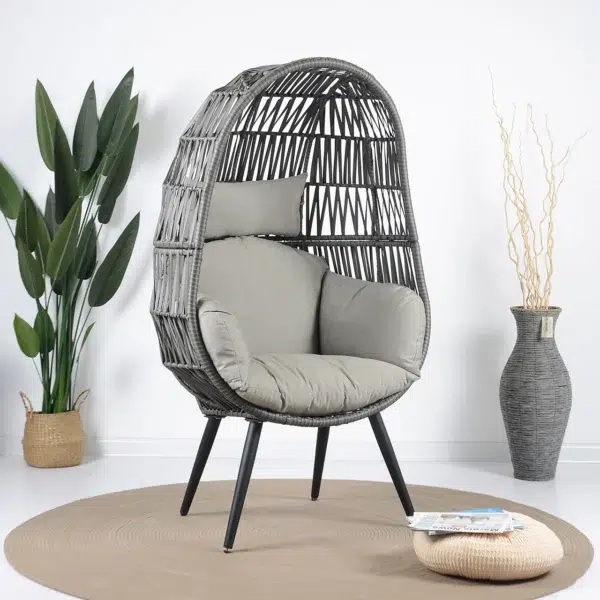 Single seater grey swing basket with sturdy frame, perfect for balcony or garden seating.