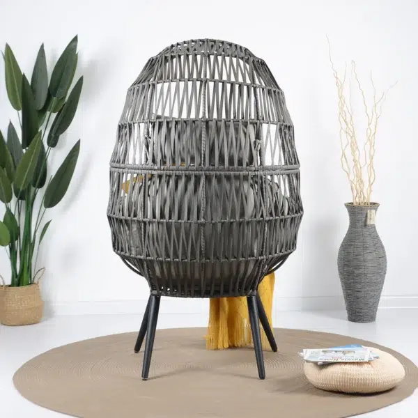 Single seater grey swing basket with sturdy frame, perfect for balcony or garden seating.