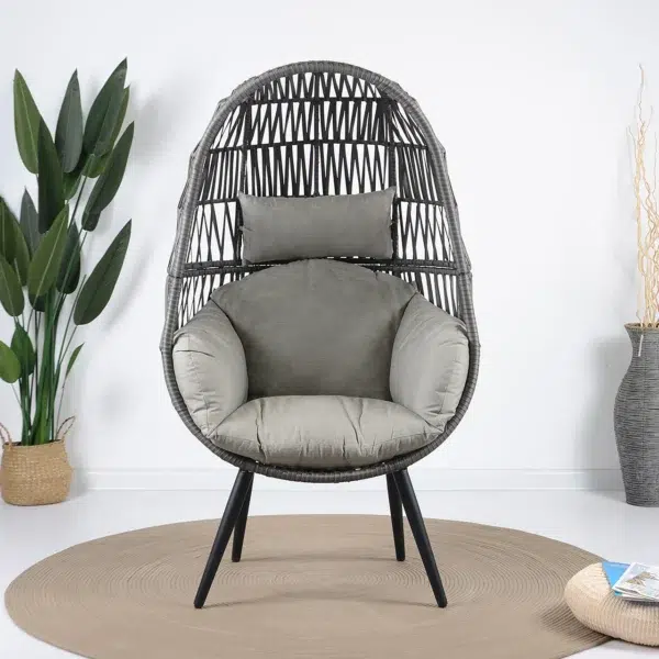 Single seater grey swing basket with sturdy frame, perfect for balcony or garden seating.